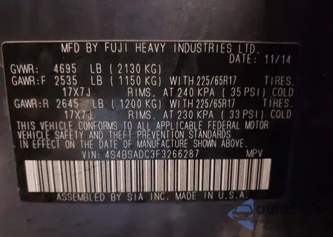 2015 Subaru Outback 2.5I Premium from USA, damaged, VIN 4S4BSADC3F3266287